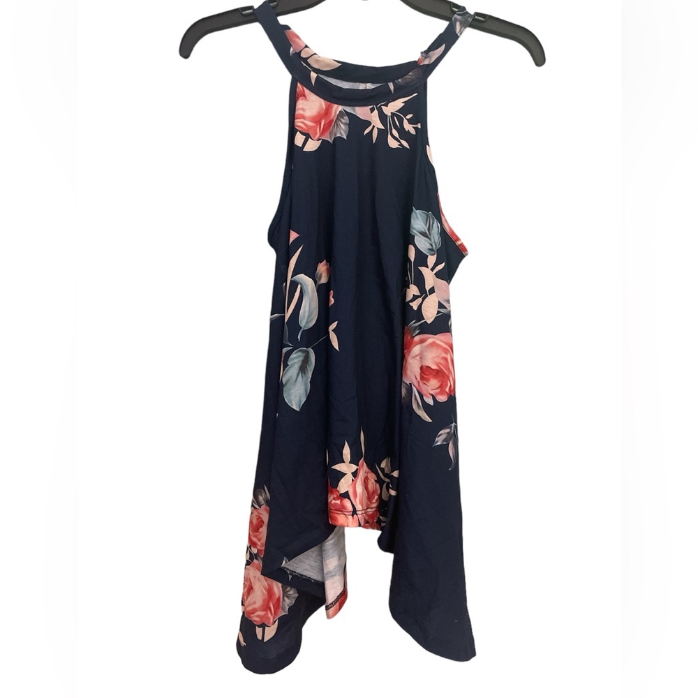 Super soft knit navy floral asymmetrical flowy tunic top M easy to wear